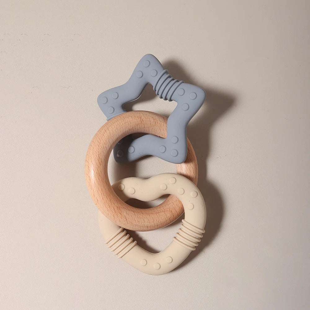 Silicone Star and Heart Teether with Wooden Ring