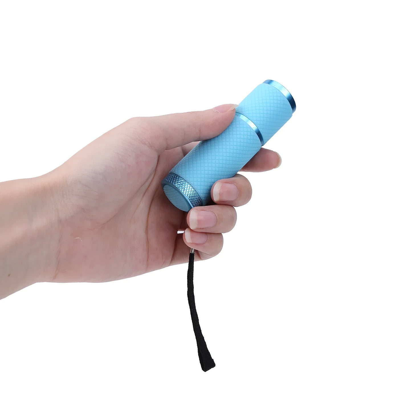 Hand holding a blue flashlight against a white background