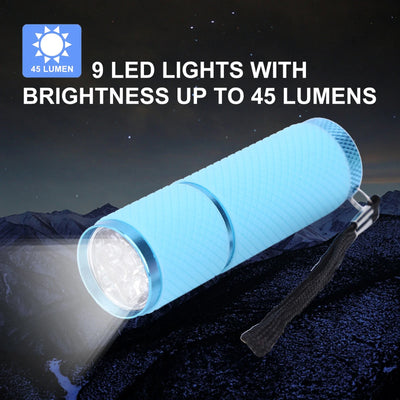 Blue flashlight with text indicating 9 LED lights and brightness up to 45 lumens against a dark background.