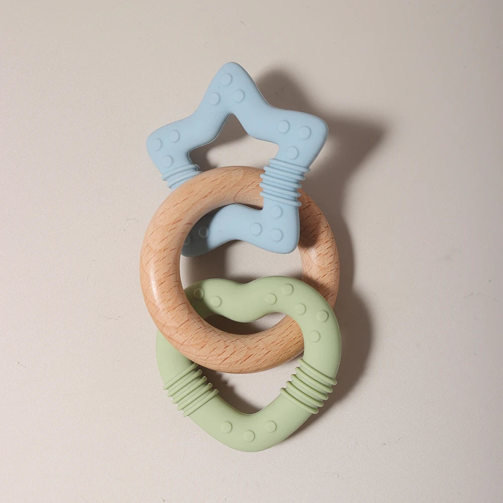Silicone Star and Heart Teether with Wooden Ring