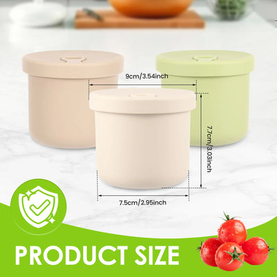 Three round containers with lids on a white surface, with measurements and a green checkmark logo.