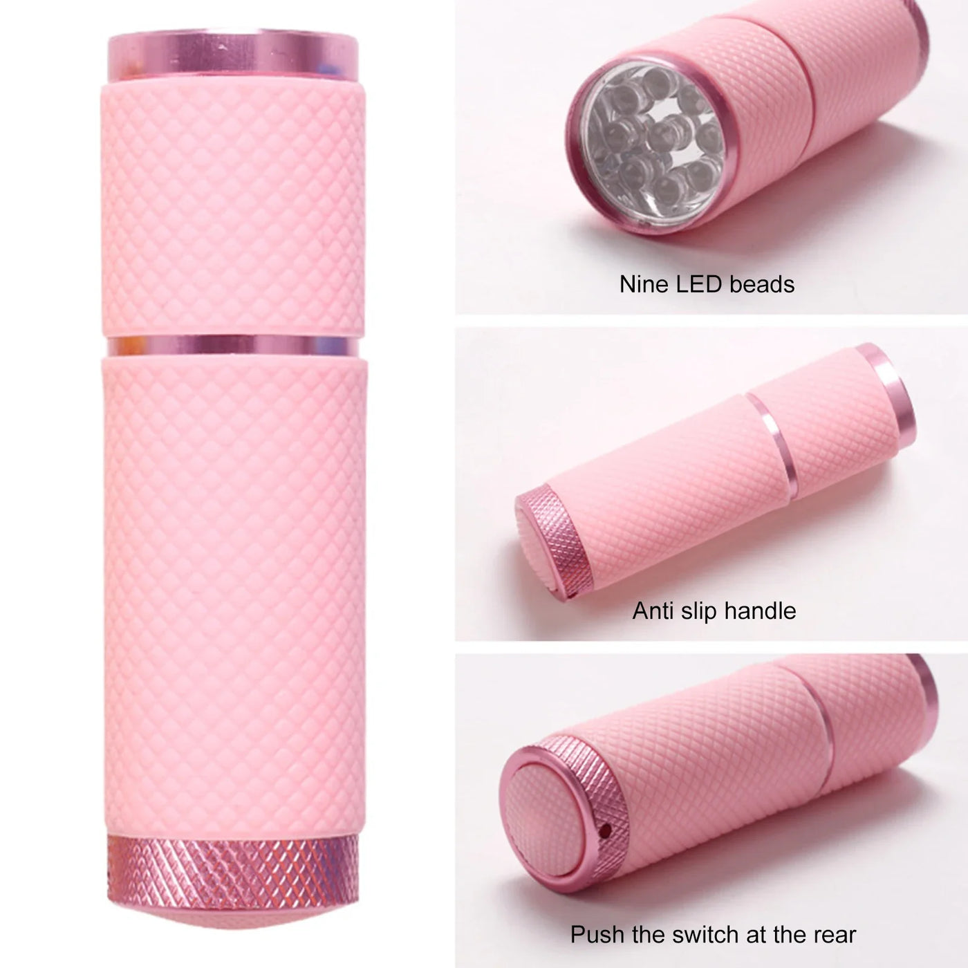 Pink flashlight with features highlighted on a white background