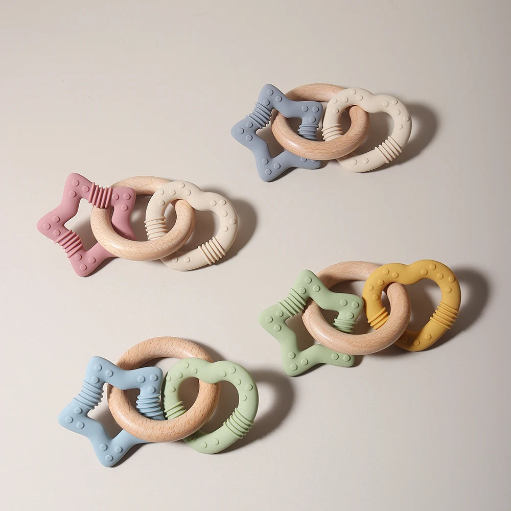 Silicone Star and Heart Teether with Wooden Ring