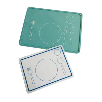 Two placemats with outlines of a plate, fork, knife, and spoon on a white background.