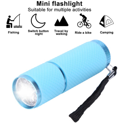 Blue mini flashlight with icons indicating its uses for fishing, switching on at night, travel by walking, riding a bike, and camping.