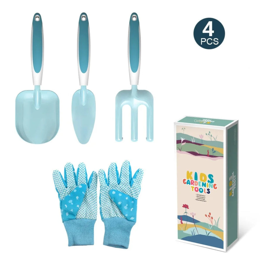 Set of blue gardening tools and gloves with packaging on a white background