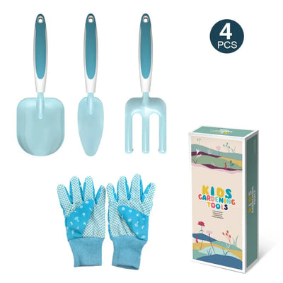 Set of blue gardening tools and gloves with packaging on a white background