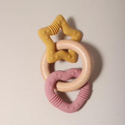 Silicone Star and Heart Teether with Wooden Ring