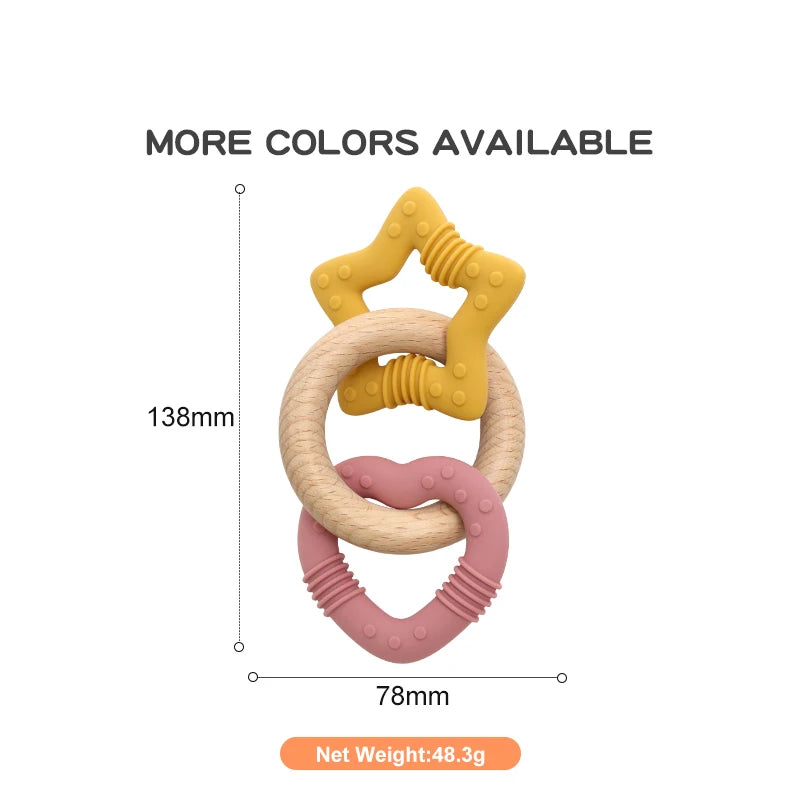 Silicone Star and Heart Teether with Wooden Ring