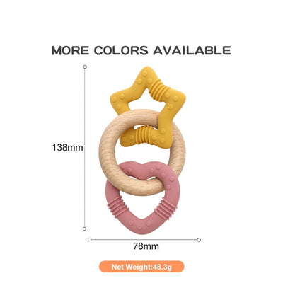 Silicone Star and Heart Teether with Wooden Ring