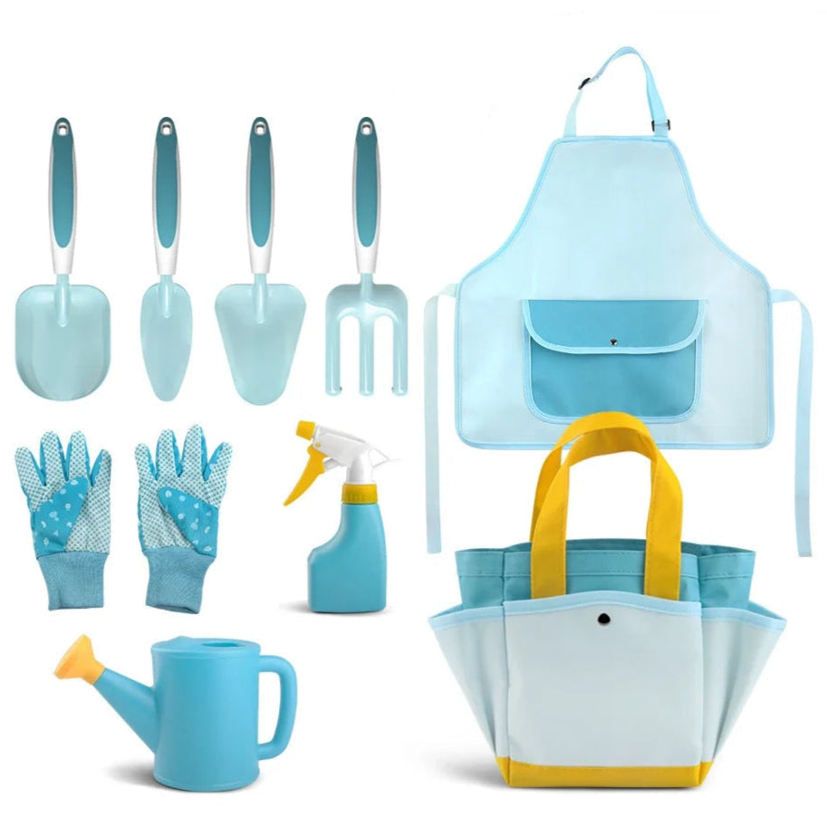 Set of 9 gardening tools including shovels, forks, a water jug, gloves, and a spray bottle with a blue apron and tote bag on a white background.