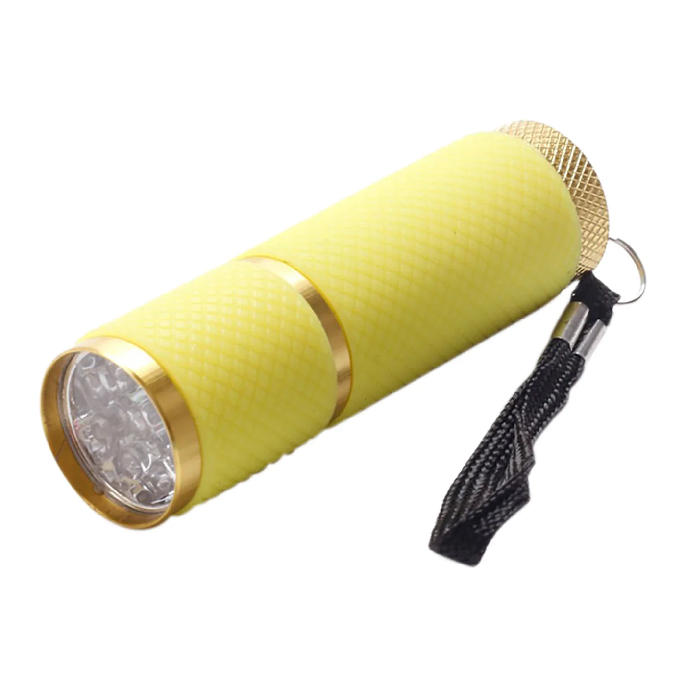 Yellow flashlight with gold accents on a white background
