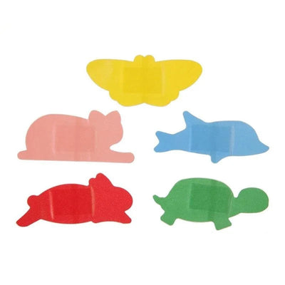 Five colorful animal-shaped stickers on a white background