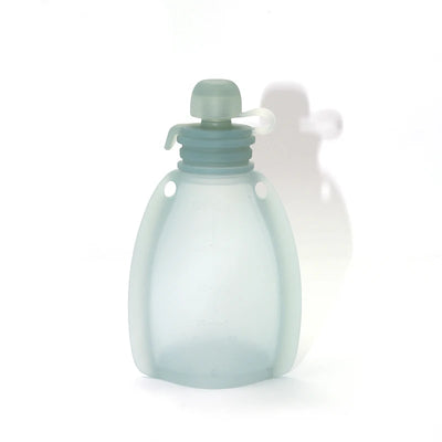 Light blue water pouch with a white cap on a white background